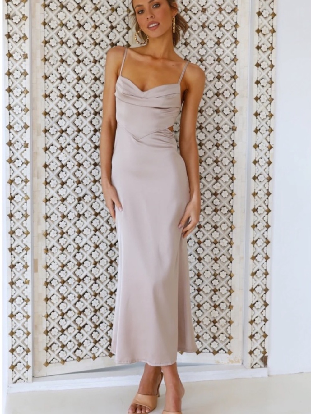 HELLO MOLLY give it to me midi dress beige satin cut out size 4 US